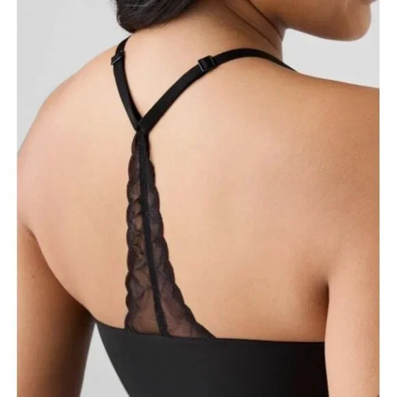 True & Co SZ Small Black V Neck Soft Lace Racerback Bodysuit Thong Wire Free - Picture 8 of 8